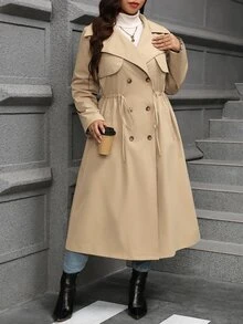 Reflora Plus Size Women's Drawstring Waist Casual Long Trench Coat Jacket, Autumn/Winter - Khaki - View 6