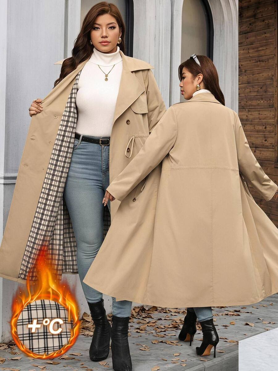 Reflora Plus Size Women's Drawstring Waist Casual Long Trench Coat Jacket, Autumn/Winter - Khaki - View 1