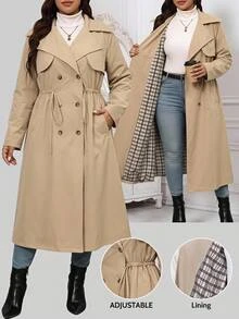 Reflora Plus Size Women's Drawstring Waist Casual Long Trench Coat Jacket, Autumn/Winter - Khaki - View 8