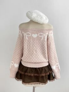 Elamini Sweater Pullover Wanita Warna Pink dengan Leher Persegi, Modis, Manis, Motif Jacquard, Cocok untuk Perjalanan Sehari-hari di Musim Gugur/Dingin - Berwarna merah muda - View 2