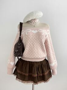 Elamini Sweater Pullover Wanita Warna Pink dengan Leher Persegi, Modis, Manis, Motif Jacquard, Cocok untuk Perjalanan Sehari-hari di Musim Gugur/Dingin - Berwarna merah muda - View 4