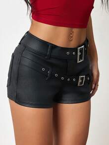 Flirla Summer Fashion Low Waist Double Belt PU Coated Shorts - Black - View 5