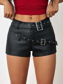 Flirla Summer Fashion Low Waist Double Belt PU Coated Shorts - Black - View 4