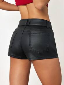 Flirla Summer Fashion Low Waist Double Belt PU Coated Shorts - Black - View 2
