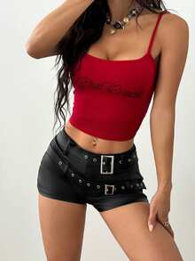 Flirla Summer Fashion Low Waist Double Belt PU Coated Shorts - Black - View 3