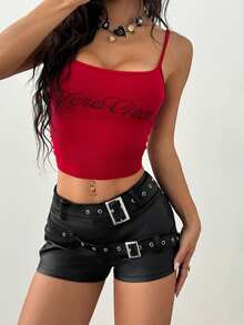 Flirla Summer Fashion Low Waist Double Belt PU Coated Shorts - Black - View 6