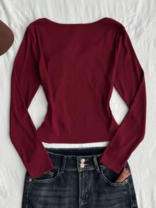 SHEIN Teen Girl Teen Girls Contrast Lace Trim Ribbed Long Sleeve Burgundy Top - Burgundy - View 2