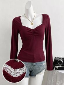 SHEIN Teen Girl Teen Girls Contrast Lace Trim Ribbed Long Sleeve Burgundy Top - Burgundy - View 3