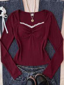 SHEIN Teen Girl Teen Girls Contrast Lace Trim Ribbed Long Sleeve Burgundy Top - Burgundy - View 1