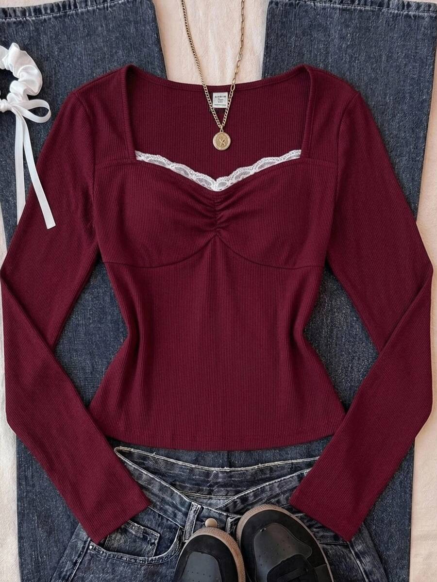 SHEIN Teen Girl Teen Girls Contrast Lace Trim Ribbed Long Sleeve Burgundy Top - Burgundy - View 1