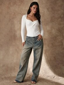 Glamine كنزة نسائية أنيقة مضلعة بتصميم متقاطع مطوي بأكمام طويلة - أبيض - مشاهدة 9