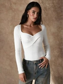 Glamine كنزة نسائية أنيقة مضلعة بتصميم متقاطع مطوي بأكمام طويلة - أبيض - مشاهدة 7