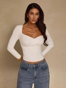 Glamine كنزة نسائية أنيقة مضلعة بتصميم متقاطع مطوي بأكمام طويلة - أبيض - مشاهدة 1