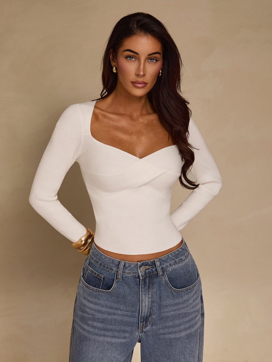 Glamine كنزة نسائية أنيقة مضلعة بتصميم متقاطع مطوي بأكمام طويلة - أبيض - مشاهدة 1
