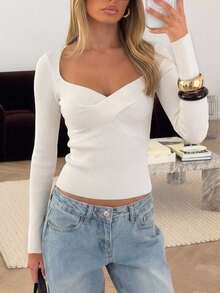 Glamine كنزة نسائية أنيقة مضلعة بتصميم متقاطع مطوي بأكمام طويلة - أبيض - مشاهدة 14