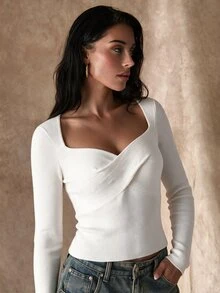 Glamine كنزة نسائية أنيقة مضلعة بتصميم متقاطع مطوي بأكمام طويلة - أبيض - مشاهدة 10