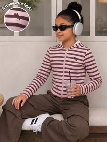 SHEIN Tween Girls Jacket Set, Pink Brown, Pants 2 Pieces Set, Loose Fit, Warm Autumn/Winter, Athletic, Zipper, Hooded, Collar, Bowknot, Round Neck, School - Brown - View 7