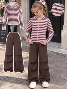 SHEIN Tween Girls Jacket Set, Pink Brown, Pants 2 Pieces Set, Loose Fit, Warm Autumn/Winter, Athletic, Zipper, Hooded, Collar, Bowknot, Round Neck, School - Brown - View 3