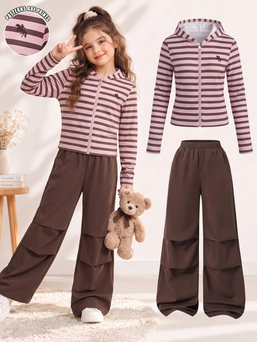 SHEIN Tween Girls Jacket Set, Pink Brown, Pants 2 Pieces Set, Loose Fit, Warm Autumn/Winter, Athletic, Zipper, Hooded, Collar, Bowknot, Round Neck, School - Brown - View 1