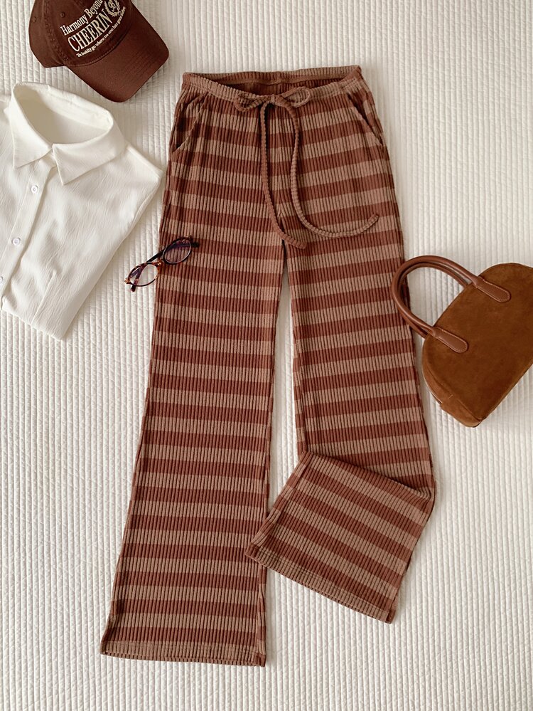 Comfortcana Casual Loose Colorblock Striped Long Pants Fall Clothes For Women Work Outfits Christmas National Day Fall Clothes For Women Work Outfits For Women - Mocha Brown - View 9