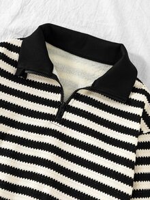 SHEIN Sparklyn 青少年女孩黑白條紋半拉鍊抓絨內裡運動衫 休閒熱帶風鬆身落肩套頭上衣 秋季保暖 度假校園穿搭 - 彩色 - 查看 6