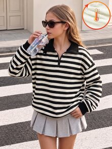 SHEIN Sparklyn 青少年女孩黑白條紋半拉鍊抓絨內裡運動衫 休閒熱帶風鬆身落肩套頭上衣 秋季保暖 度假校園穿搭 - 彩色 - 查看 4