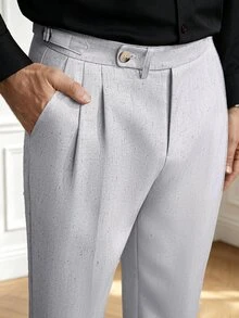 Core Aspect Men's Grey Double Pleated Fitted Straight Leg Single Waist Business Casual Commuter Trousers - Grey - View 3