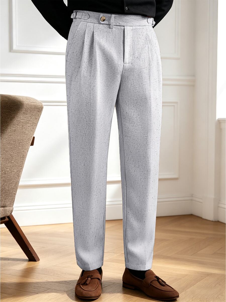 Core Aspect Men's Grey Double Pleated Fitted Straight Leg Single Waist Business Casual Commuter Trousers - Grey - View 1