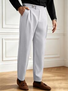 Core Aspect Men's Grey Double Pleated Fitted Straight Leg Single Waist Business Casual Commuter Trousers - Grey - View 5
