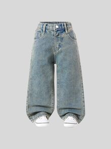 SHEIN 女童 Y2K 牛仔女郎街頭風彈性腰直筒拉鍊牛仔褲，平口袋設計，適合日常、上學、校園、大學夏季假期，嬰兒藍 - 銅色 - 查看 3
