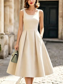 RosyDaze Off-White Short Jacket And Dress Two-Piece Set; Professional Suit Set; Elegant Outfit For Wedding Guests; French-Style All-Season Office Ensemble. - Beige - View 5