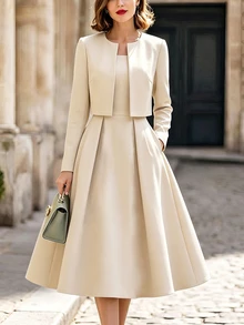RosyDaze Off-White Short Jacket And Dress Two-Piece Set; Professional Suit Set; Elegant Outfit For Wedding Guests; French-Style All-Season Office Ensemble. - Beige - View 1