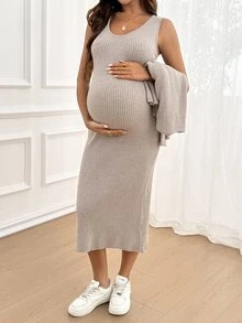 SHEIN Maternity Solid Color Long Sleeve Open Front Knit Cardigan And Sleeveless Knit Dress Casual Set Winter - Khaki - View 4