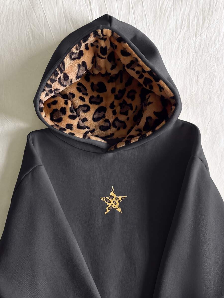 SHEIN 青少年女孩長袖抓絨內裡休閒日常黑色連帽衫,萬聖節秋季風格 - 灰色 - 查看 1