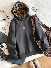 SHEIN 青少年女孩長袖抓絨內裡休閒日常黑色連帽衫，萬聖節秋季風格 - 灰色 - 查看 4