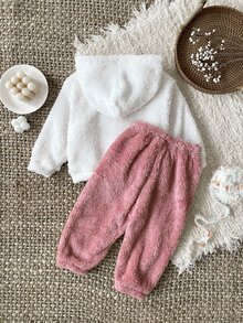 SHEIN Vintaside Kids 2件組女嬰秋冬休閒可愛保暖刷毛愛心連帽衛衣與長褲套裝 淡粉色 - 粉色 - 查看 3