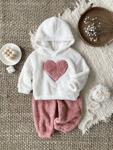 SHEIN Vintaside Kids 2件組女嬰秋冬休閒可愛保暖刷毛愛心連帽衛衣與長褲套裝 淡粉色 - 粉色 - 查看 4