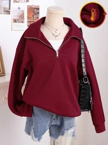 SHEIN 青少年女孩秋季服飾 素色落肩長袖拉鍊半開襟休閒寬鬆抓絨衛衣套裝 校園風 酒紅色 - 酒紅色 - 查看 2