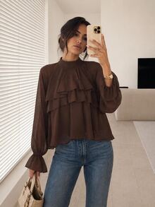 Easowa Women's Fall/Winter Solid Color Stand Collar Raglan Long Sleeve Patchwork Ruffle Elegant Blouse Dinner Office Dark Brown - Brown - View 2