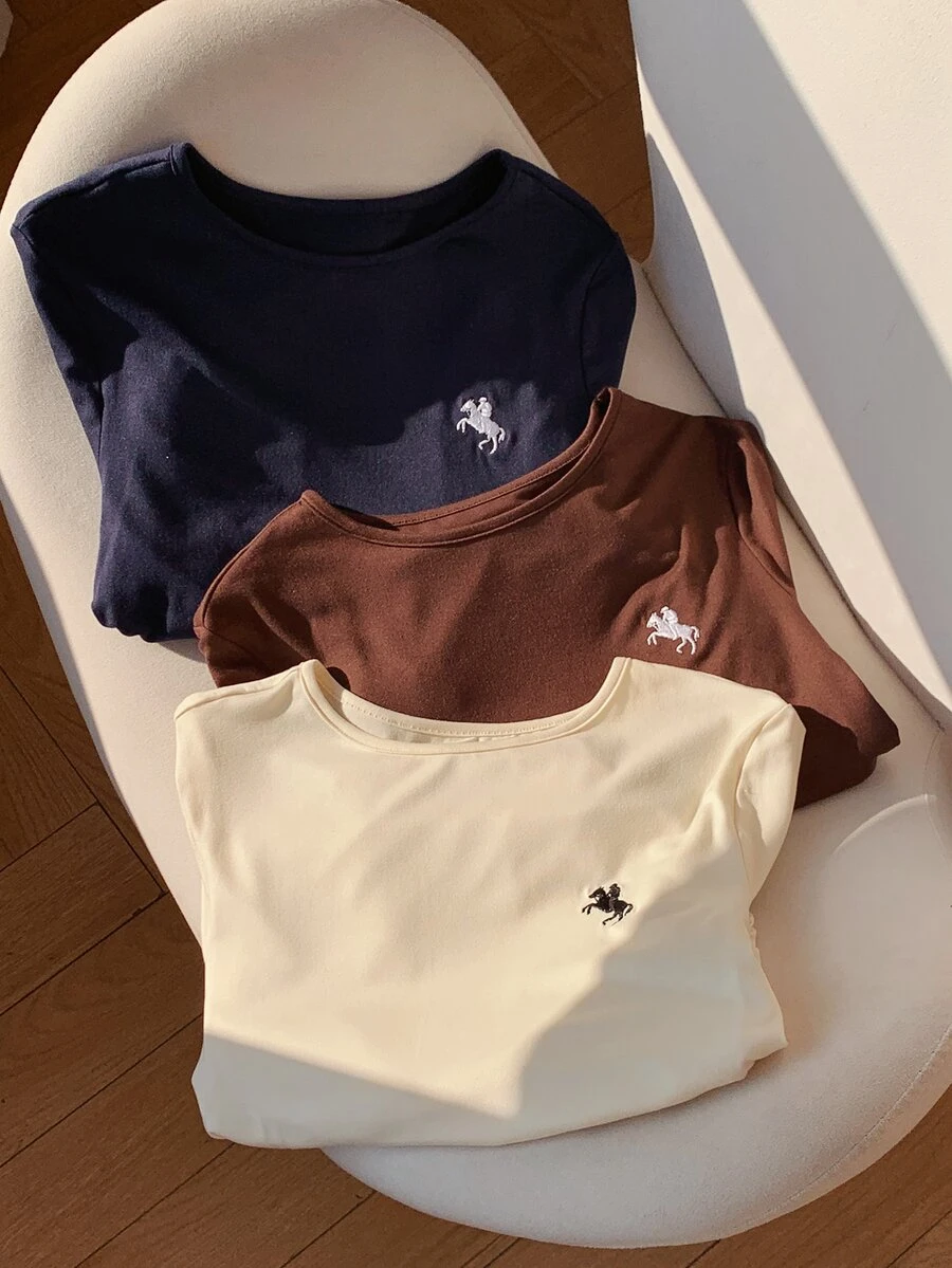Comfortcana 3件組女款騎士刺繡圓領長袖休閒學院風T恤上衣 2000年代風格 工作日常上學穿搭上衣 棕色、黑色與奶油色 秋季 - 彩色 - 查看 1