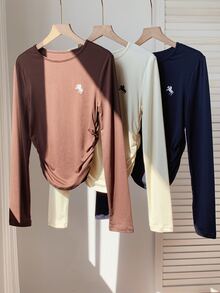 Comfortcana 3件組女款騎士刺繡圓領長袖休閒學院風T恤上衣 2000年代風格 工作日常上學穿搭上衣 棕色、黑色與奶油色 秋季 - 彩色 - 查看 7