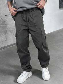SLATEMANN Men's Dark Gray Elastic Waist Cargo Pants, Multi-Pocket Casual Fashion Versatile - Dark Grey - View 1