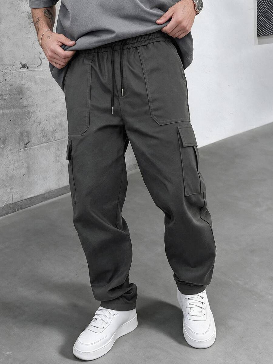 SLATEMANN Men's Dark Gray Elastic Waist Cargo Pants, Multi-Pocket Casual Fashion Versatile - Dark Grey - View 1