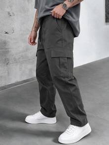 SLATEMANN Men's Dark Gray Elastic Waist Cargo Pants, Multi-Pocket Casual Fashion Versatile - Dark Grey - View 3