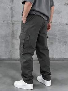 SLATEMANN Men's Dark Gray Elastic Waist Cargo Pants, Multi-Pocket Casual Fashion Versatile - Dark Grey - View 2