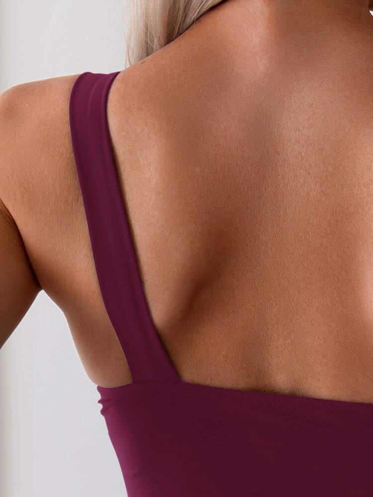 Swim Basics Women's Solid Color One Shoulder One-Piece Swimsuit,Pink Cute Bathing Suit For Summer Beach Vacation,2026 New Beachwear - Red Violet - View 6