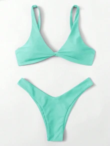 Swim Basics Women's Solid Color Casual Bikini And Triangle Panty Swimwear Set - Mint Green - View 3