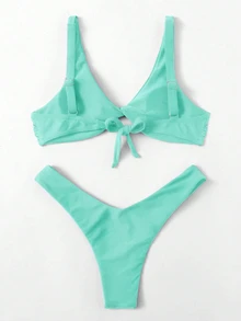 Swim Basics Women's Solid Color Casual Bikini And Triangle Panty Swimwear Set - Mint Green - View 2