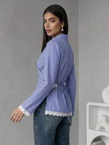 Solavon Women's Striped Lace Patchwork Pleated Casual Daily Wear Arabic Style Blouse - Blue and White - View 7