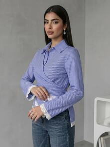 Solavon Women's Striped Lace Patchwork Pleated Casual Daily Wear Arabic Style Blouse - Blue and White - View 8